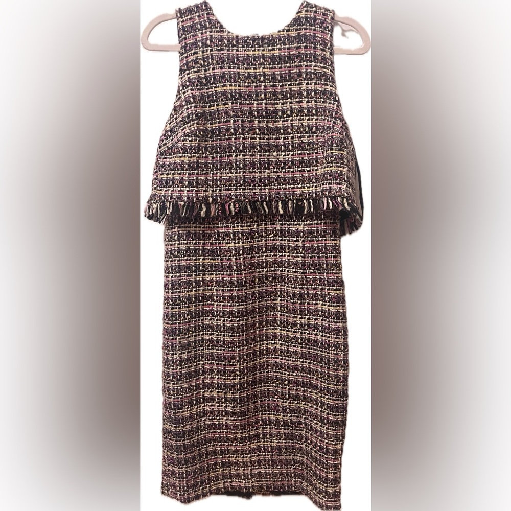 Karl Lagerfeld tweed pink sheath dress with fringe trim